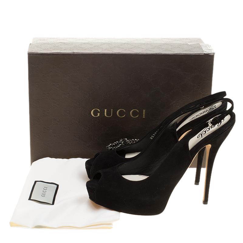 Gucci Black Suede Crystal Bow Embellished Peep Toe Platform Slingback Sandals Si 1