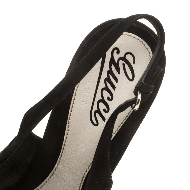 Gucci Black Suede Crystal Bow Embellished Peep Toe Platform Slingback Sandals Si 2