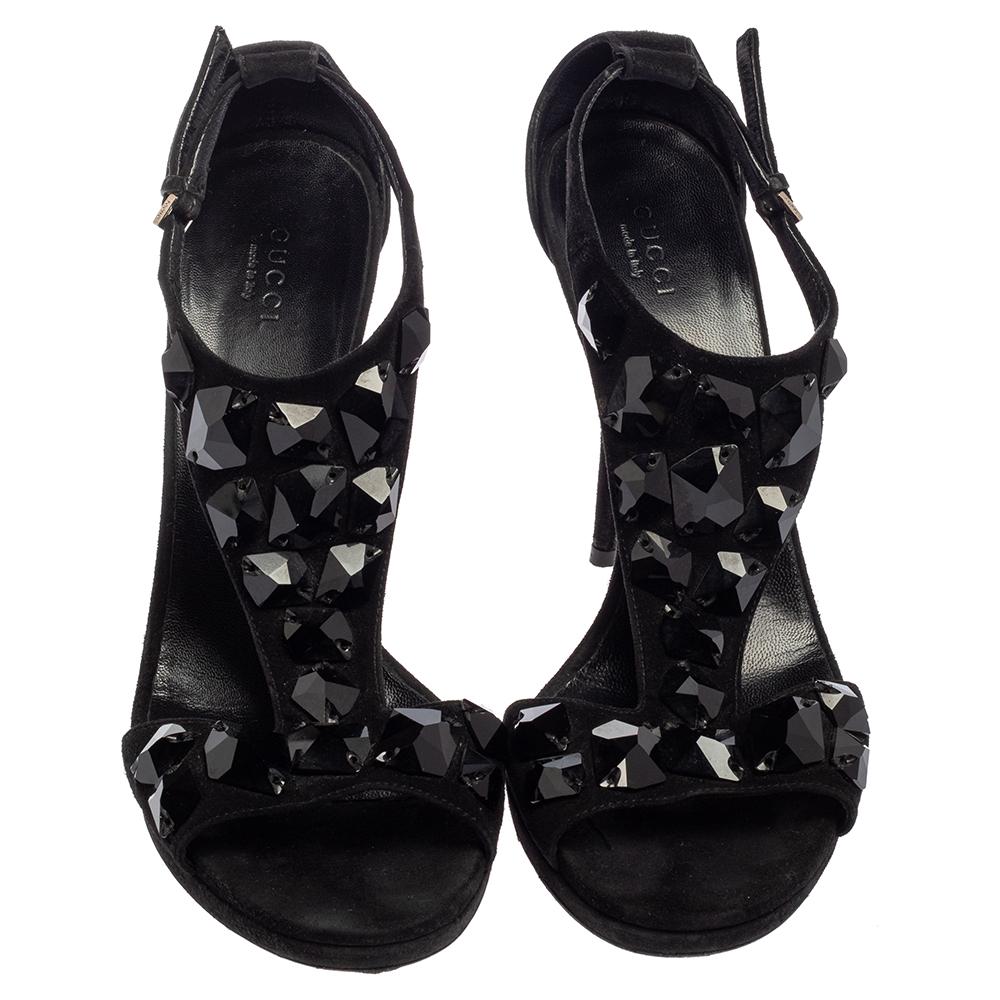 Gucci Black Suede Crystal Embellished Ankle Strap Sandals Size 39 In Good Condition In Dubai, Al Qouz 2