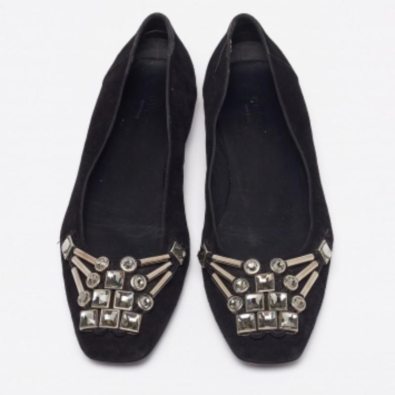 Gucci Black Suede Crystal Embellished Ballet Flats Size 39 For Sale 3