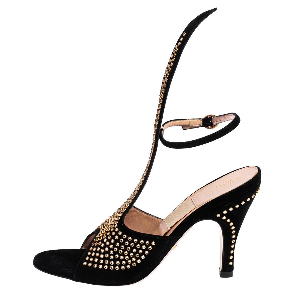 Gucci Black Suede Crystal Embellished Cone Heel Ankle Strap Sandals ...