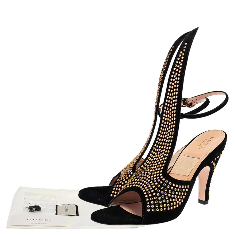 Gucci Black Suede Crystal Embellished Cone Heel Ankle Strap Sandals Size 37 1
