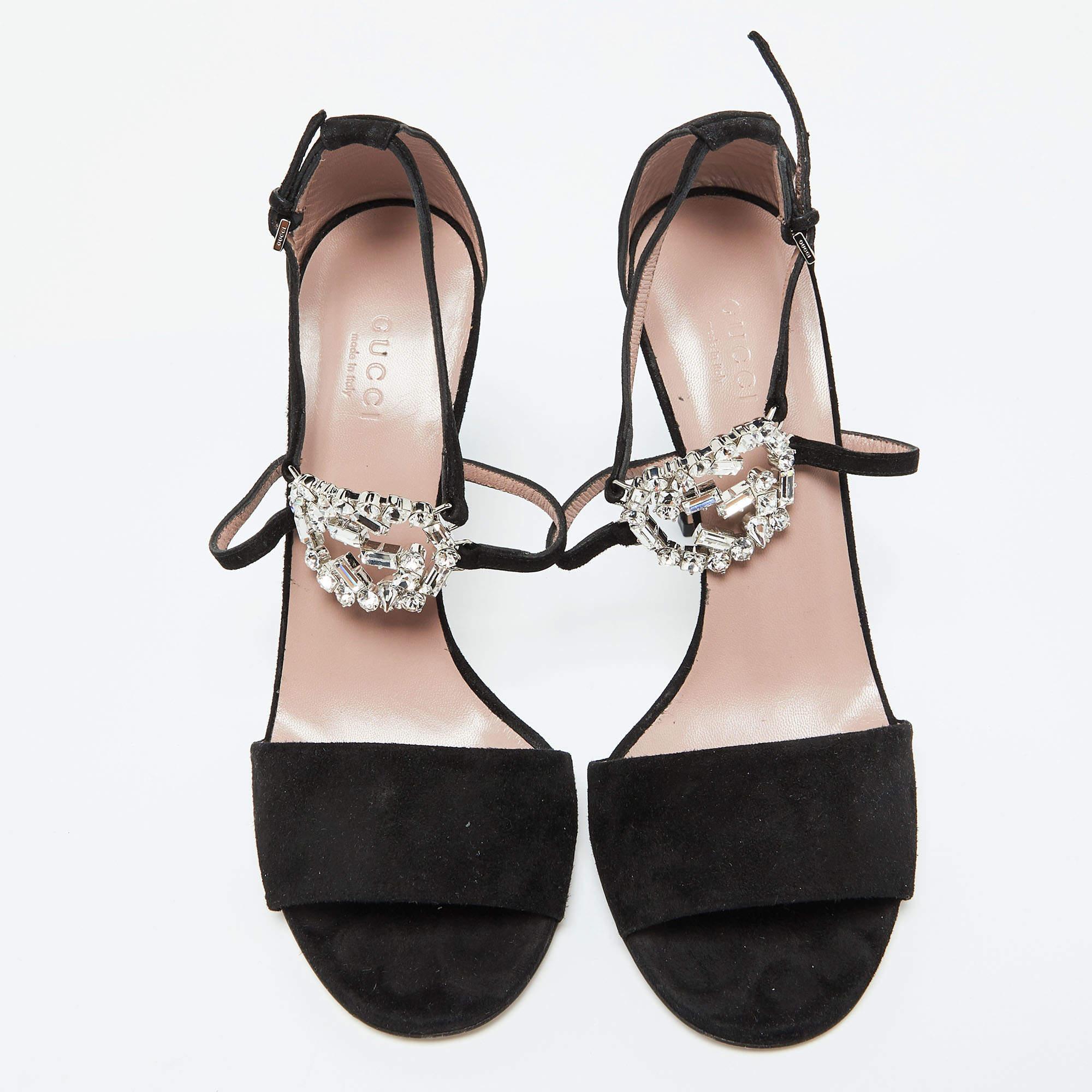 Gucci Black Suede Crystal Embellished GG Interlock Ankle Strap Sandals Size 39 In Good Condition In Dubai, Al Qouz 2