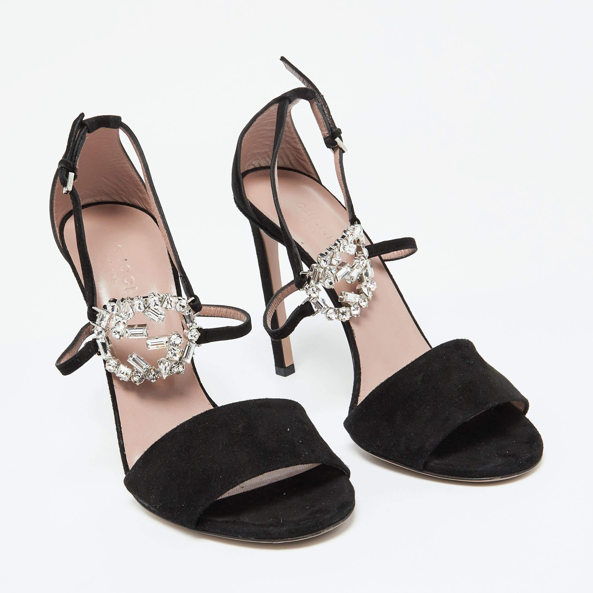 Women's Gucci Black Suede Crystal Embellished GG Interlock Ankle Strap Sandals Size 39
