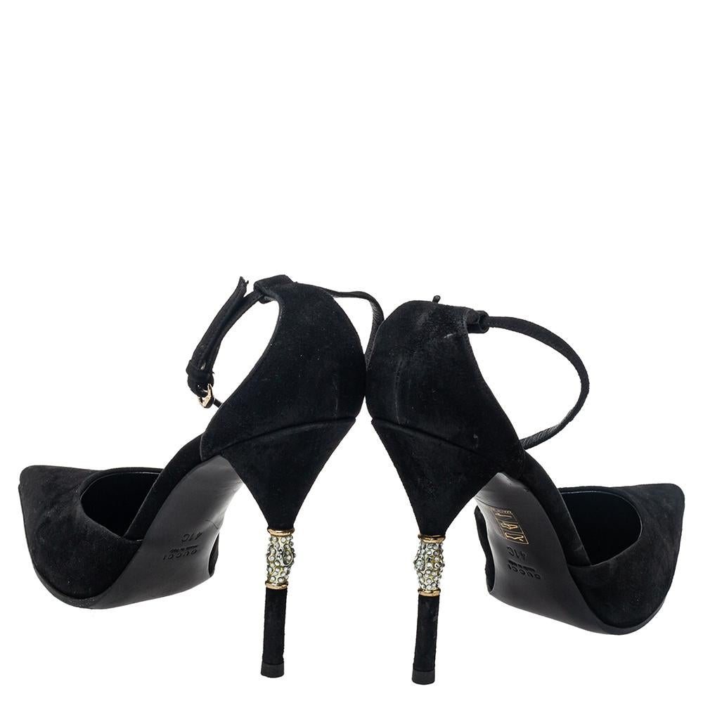Gucci Black Suede Crystal Embellished Heel Ankle Strap Sandals Size 41 In Good Condition In Dubai, Al Qouz 2