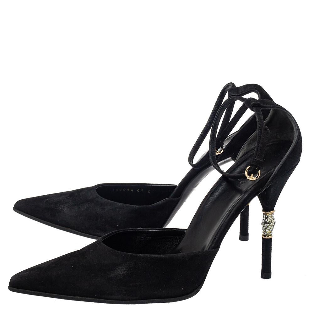 Women's Gucci Black Suede Crystal Embellished Heel Ankle Strap Sandals Size 41