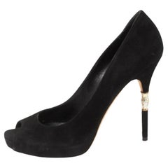 Gucci Black Suede Crystal Embellished Heel Peep Toe Pumps Size 39
