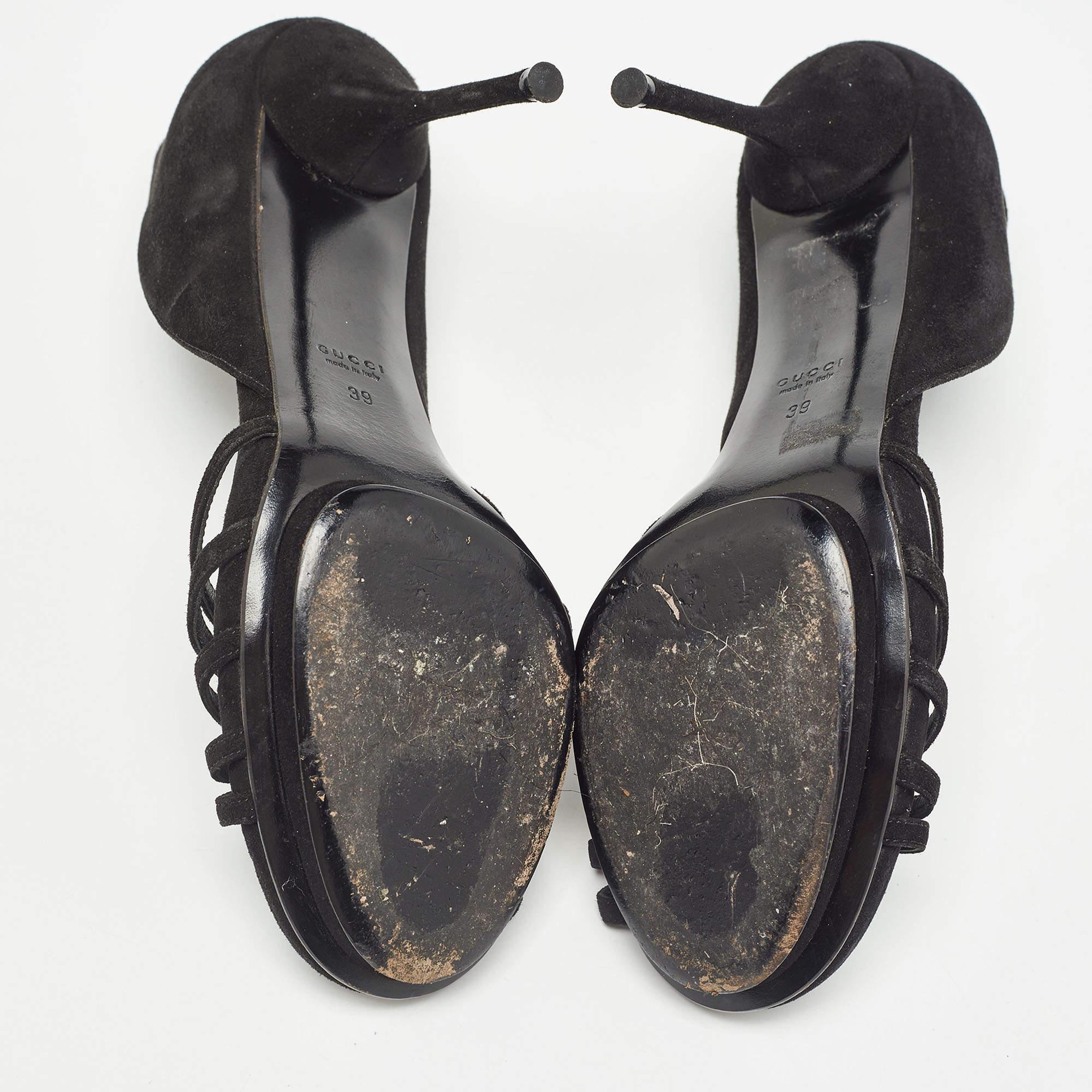 Gucci Black Suede Crystal Embellished Open Toe Pumps Size 39 For Sale 2