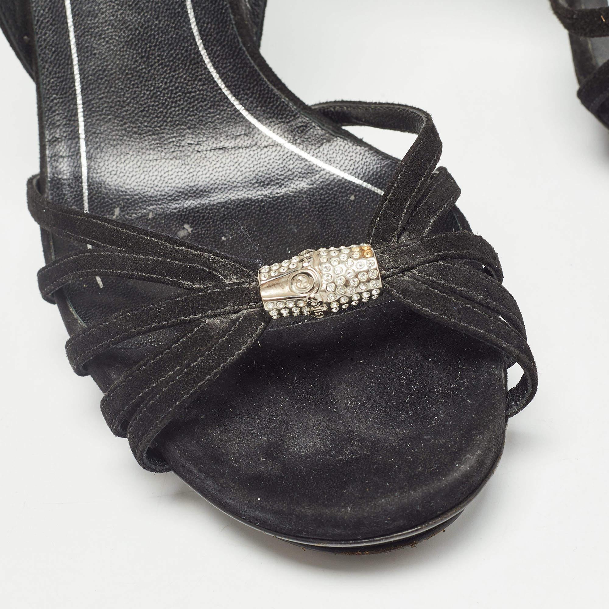 Gucci Black Suede Crystal Embellished Open Toe Pumps Size 39 For Sale 3