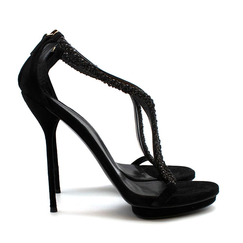 Gucci Black Suede Crystal Embellished Platform Sandals

- Made of soft suede 
- Gorgeous crystal embellished straps to the front 
- Stiletto heels 
- Strappy style 
- Soft leather lining 
- Round toes 
- Zip to the back 
- Neural, easy to style