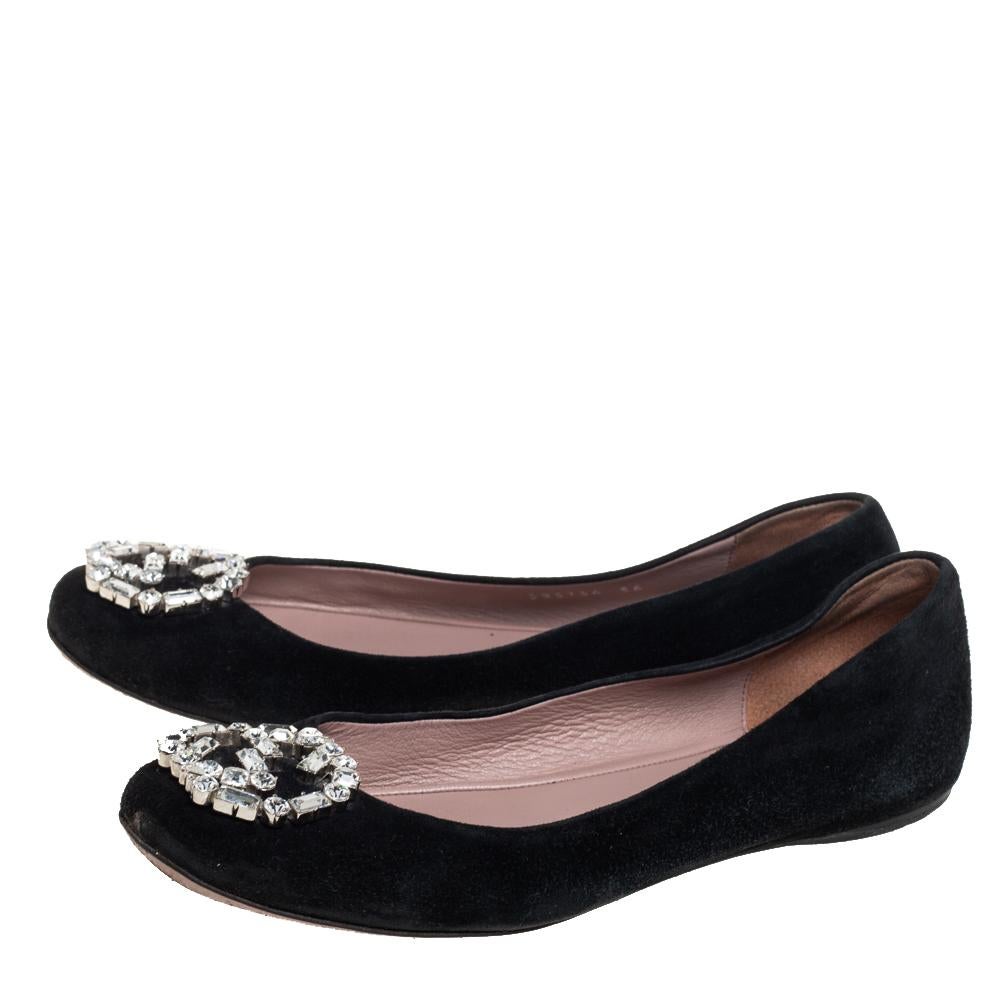 Gucci Black Suede Crystal GG Ballet Flats Size 36 3