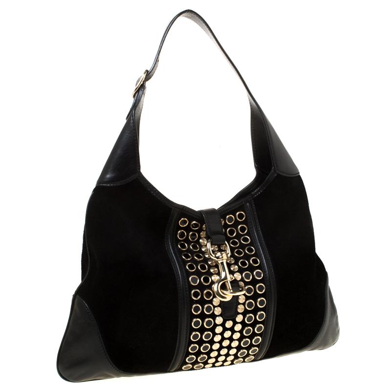 Women's Gucci Black Suede Embellished Bouvier Jackie O Bag Hobo