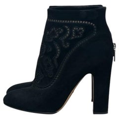 Gucci Black Suede Embroidered Ankle Boots EU 37 Made in Italy