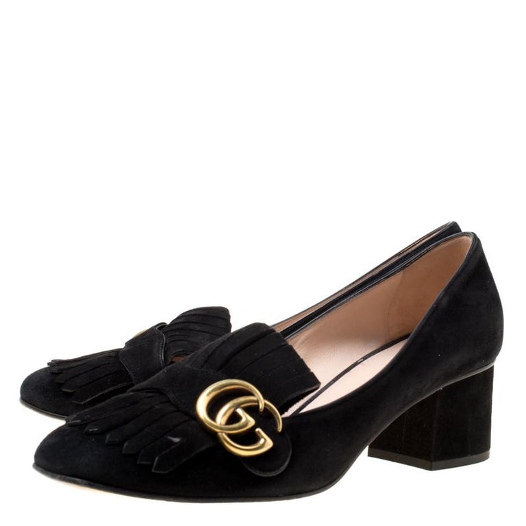Gucci Black Suede Fringe Marmont Loafer Pumps Size 39.5 For Sale at 1stDibs
