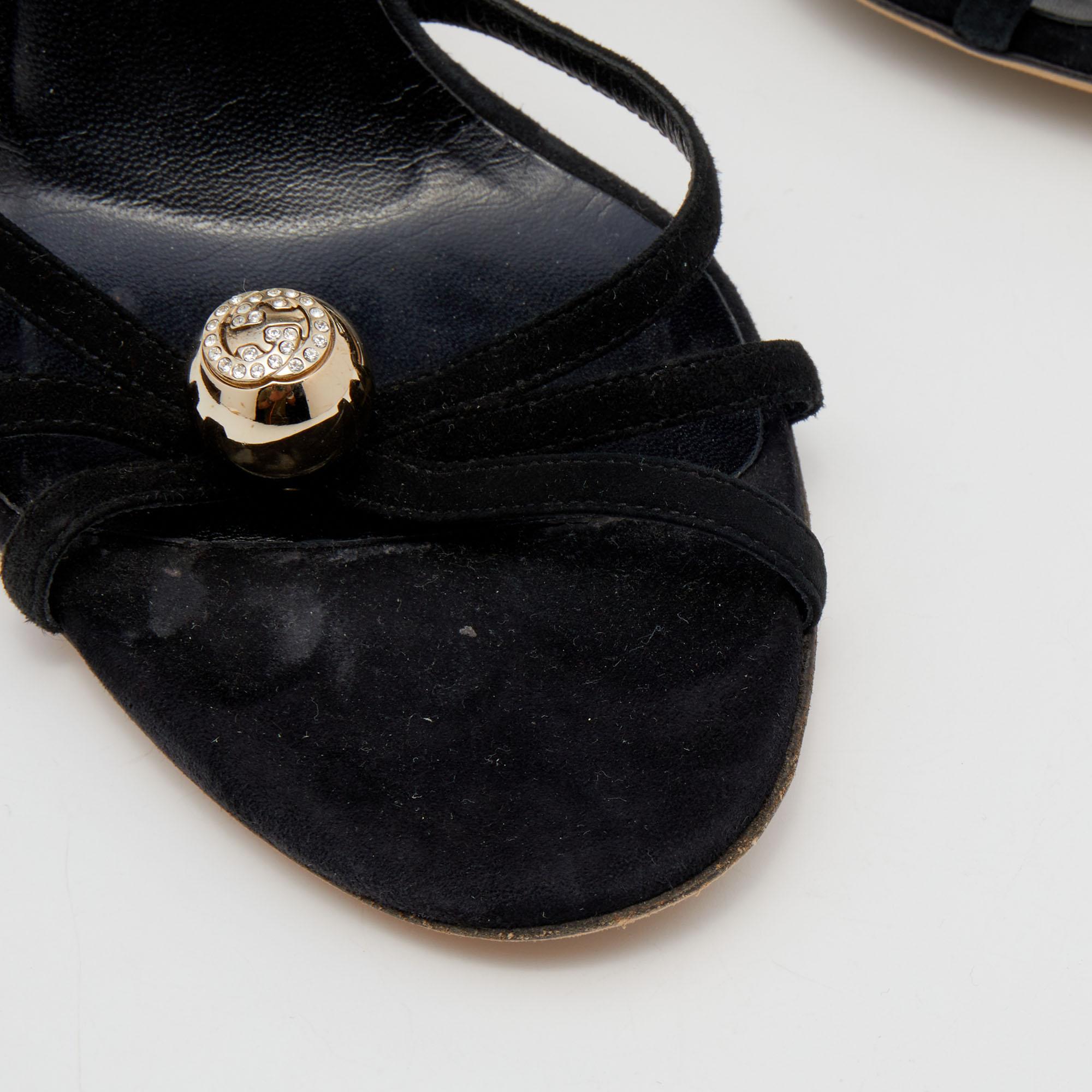 Women's Gucci Black Suede GG Crystal Embellished Ankle Strap Sandals Size 39