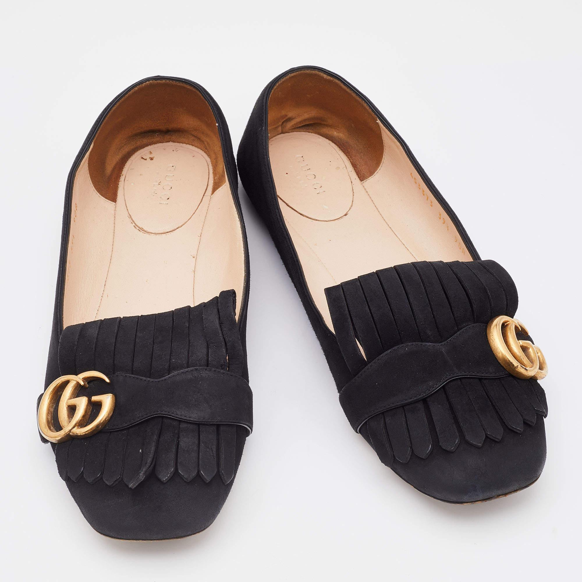 Gucci Black Suede GG Marmont Fringe Detail Ballet Flats Size 39.5 1