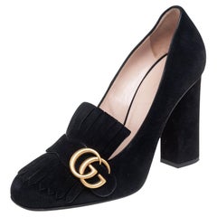 Gucci Black Suede GG Marmont Fringe Loafer Pumps Size 39.5