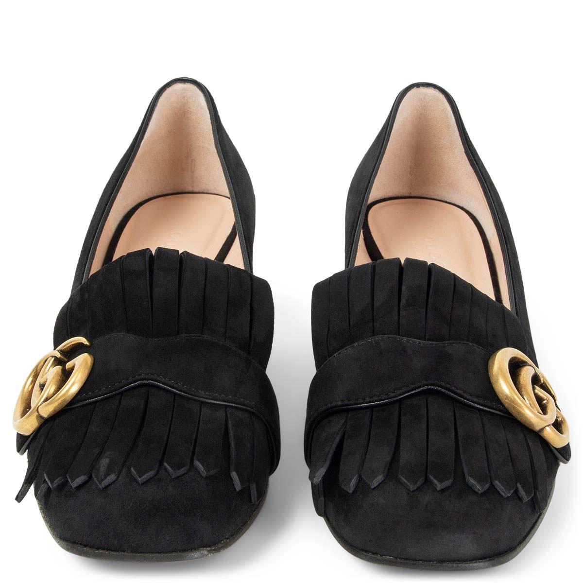 100% authentic Gucci Marmont mid-heel pump in in black suede with Double G antique gold-tone hardware detail on fold over fringe. Brand new. Come with dust bag

Measurements
Imprinted Size	36.5
Shoe Size	36.5
Inside Sole	24cm (9.4in)
Width	7.5cm