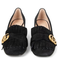 GUCCI black suede GG MARMONT FRINGE MID HEEL Pumps Shoes 36.5