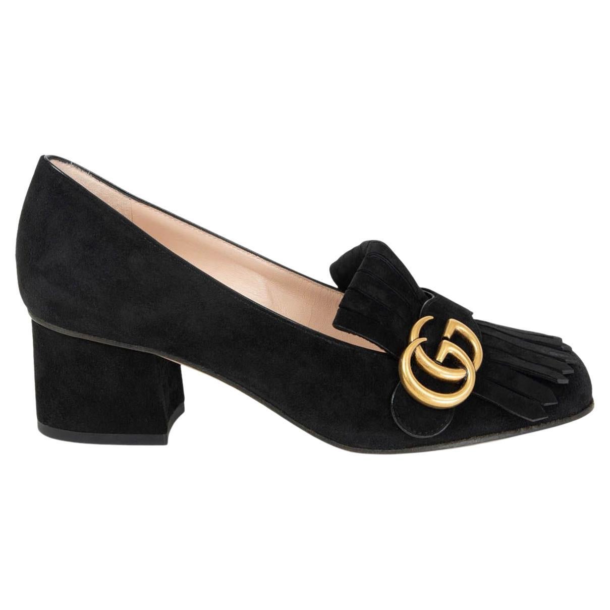 Chaussures à talons Gucci en daim noir à franges GG MARMONT, pointure 36,5  sur 1stDibs