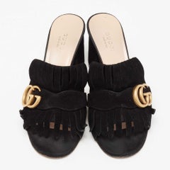 Gucci Black Suede GG Marmont Fringe Mules Size 35.5