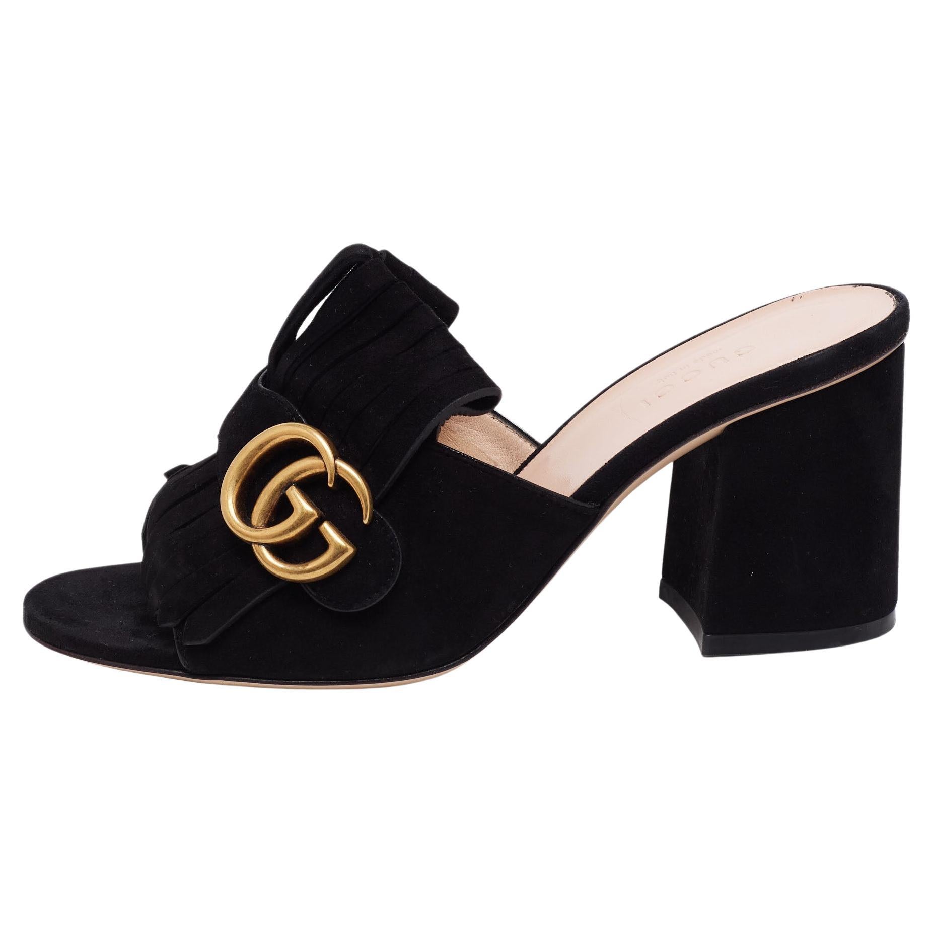 Gucci Black Suede GG Marmont Fringe Mules Size 36 at 1stDibs