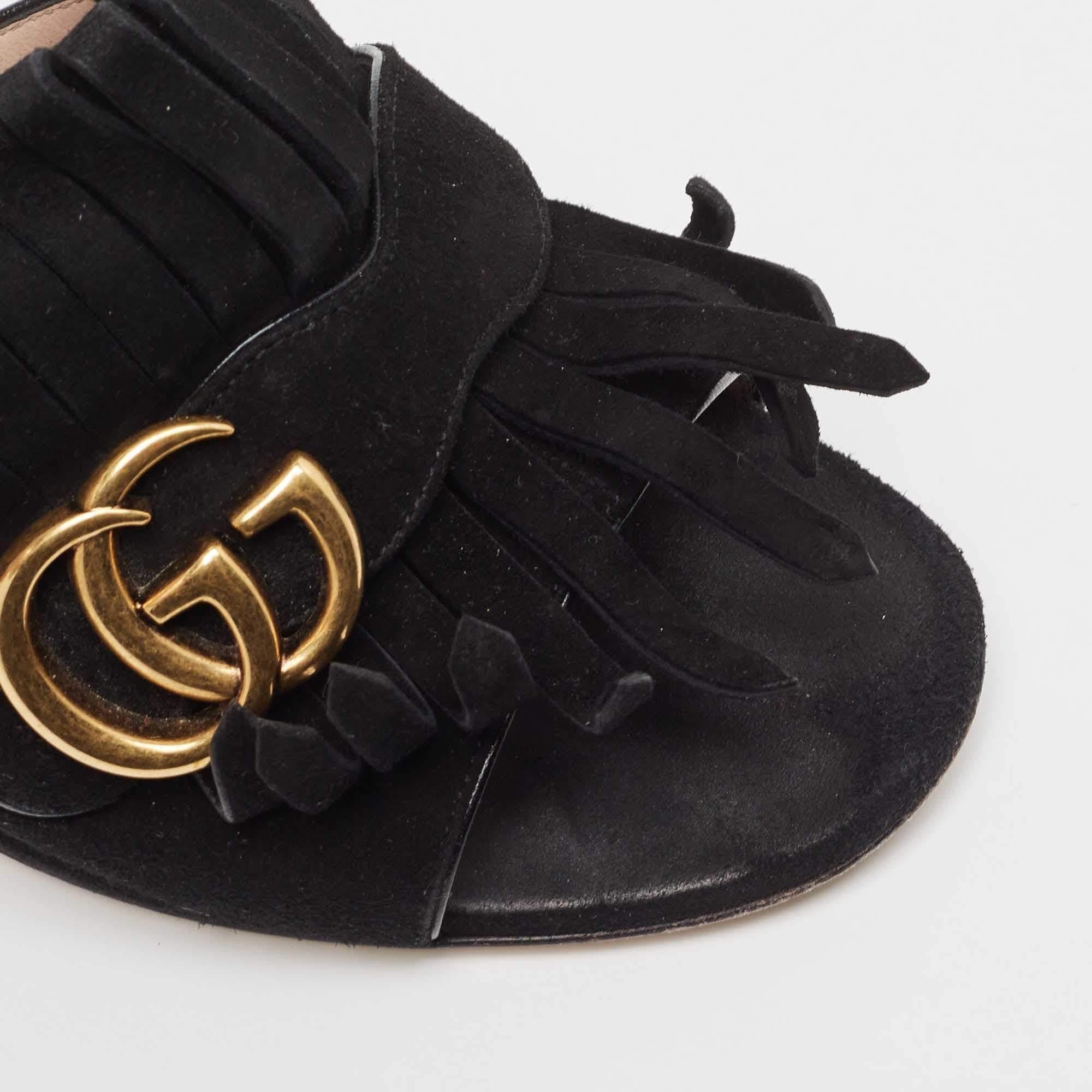 Gucci Black Suede GG Marmont Fringe Mules Size 37 For Sale 1
