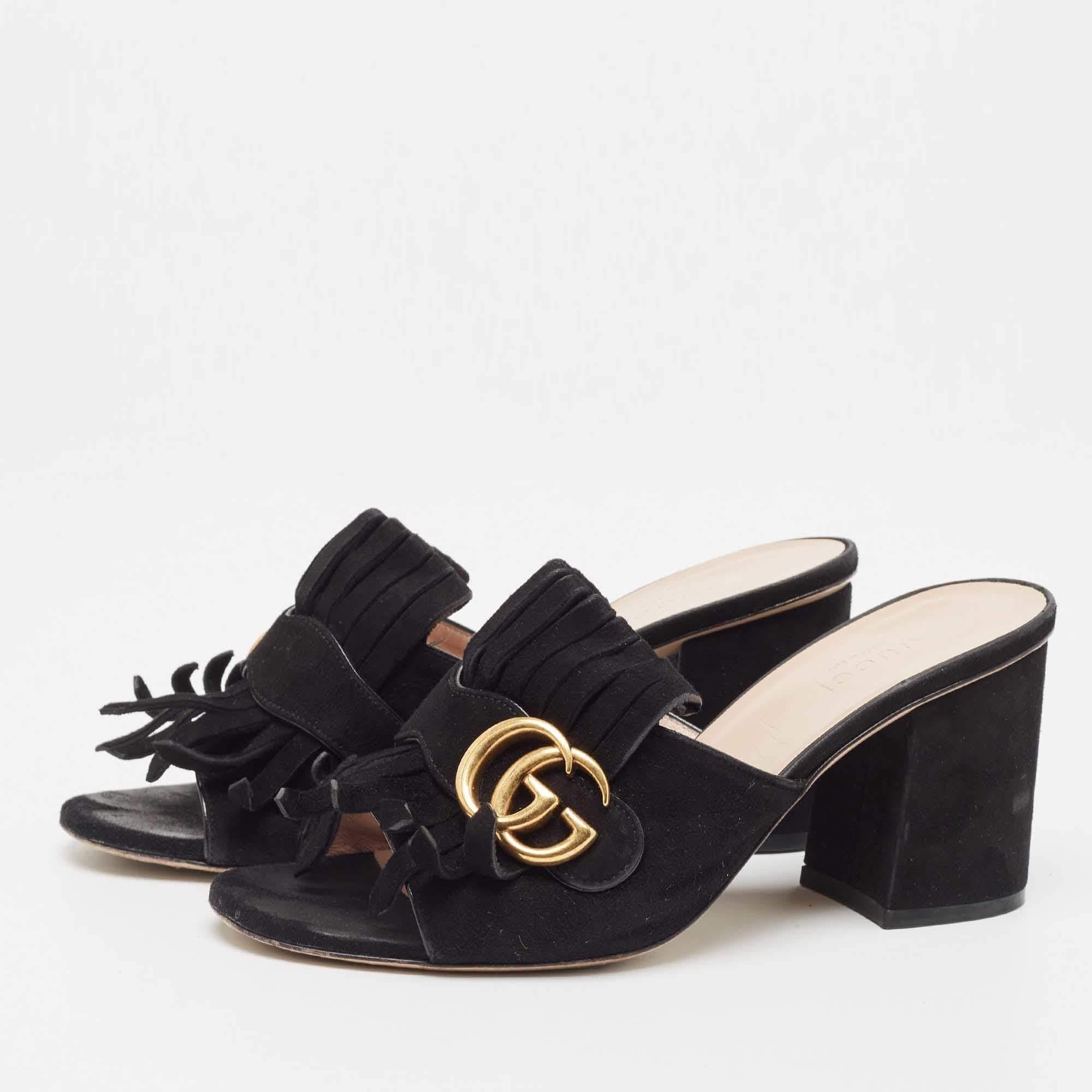 Gucci Black Suede GG Marmont Fringe Mules Size 37 For Sale 3