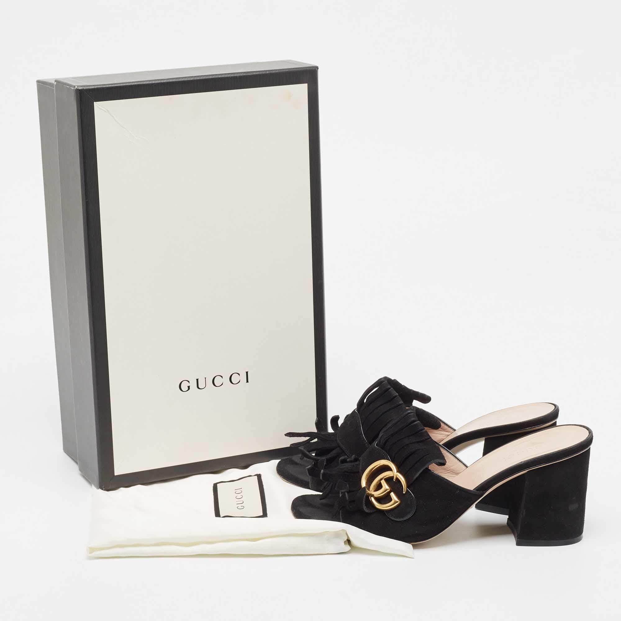 Gucci Black Suede GG Marmont Fringe Mules Size 37 For Sale 4