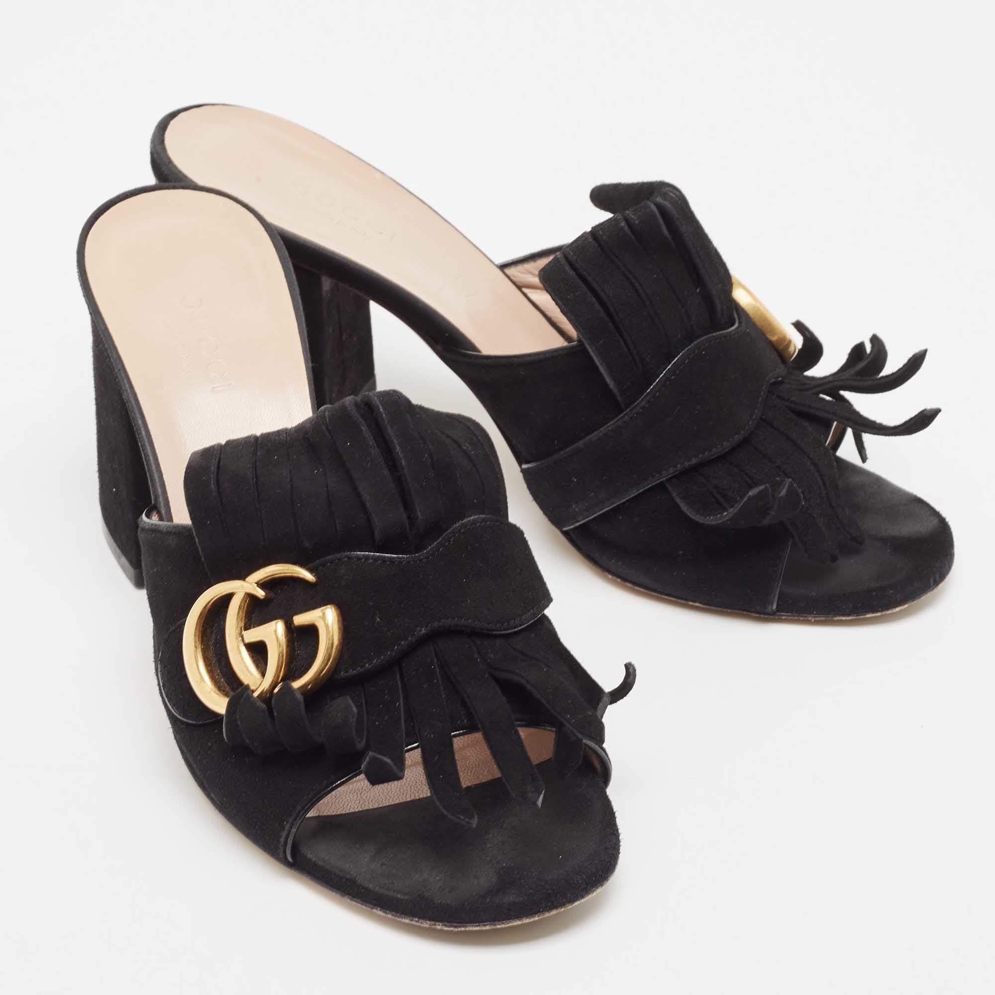 Gucci Black Suede GG Marmont Fringe Mules Size 37 5