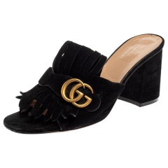 Gucci Black Suede GG Marmont Fringe Sandals Size 39.5