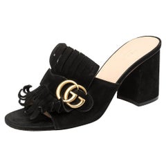 Gucci Schwarz Wildleder GG Marmont Fransen Slide Sandalen Größe 39