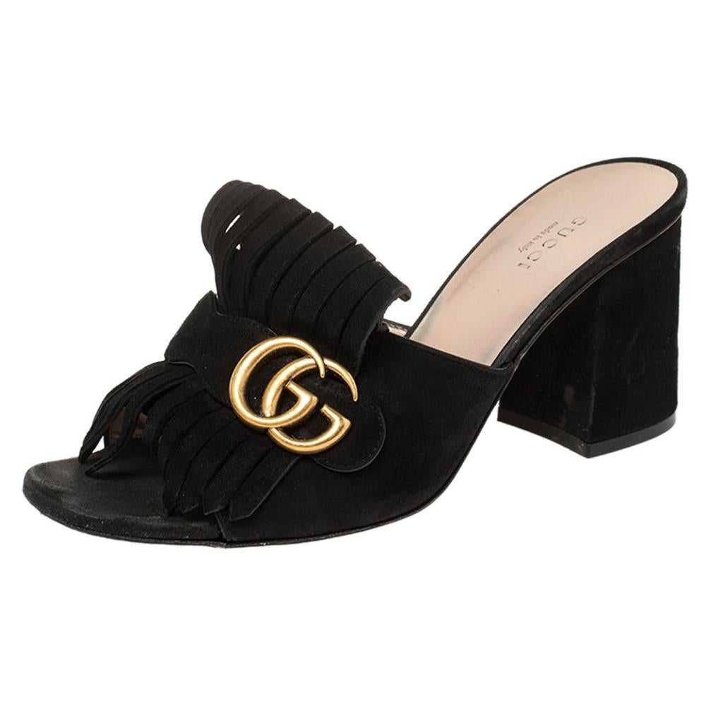 Gucci Black Suede GG Marmont Fringe Slide Sandals Size 39
