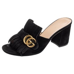 Gucci Schwarz Wildleder GG Marmont Fransen Slide Sandalen Größe 39.5