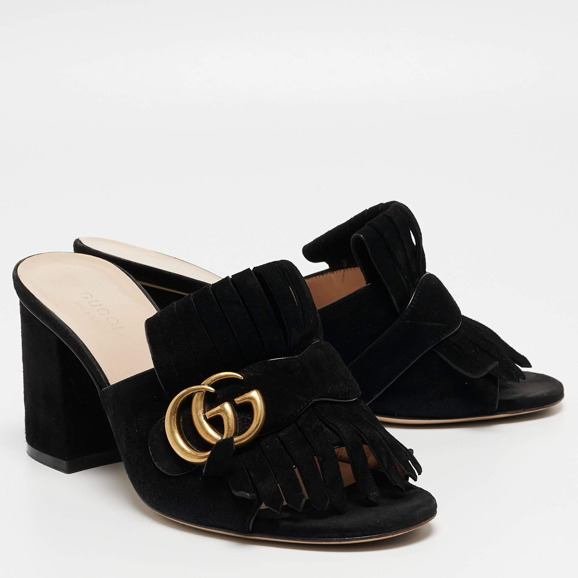 Gucci Black Suede GG Marmont Slides Size 37 In Good Condition In Dubai, Al Qouz 2