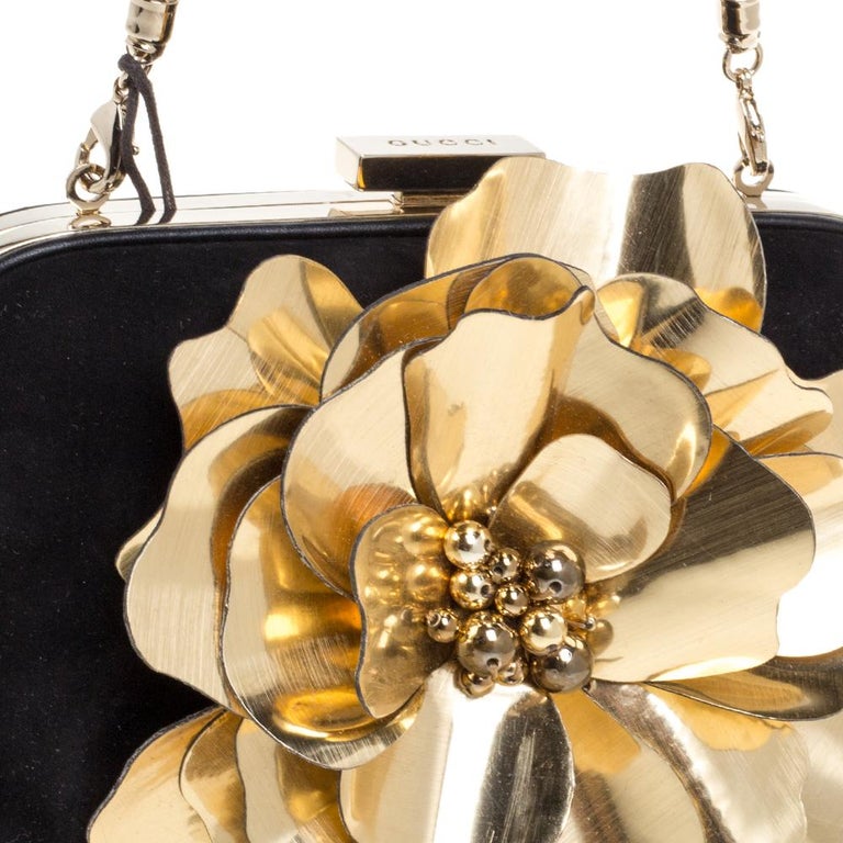 Gucci Black Suede Golden Flower Embellished Broadway Clutch For Sale 6