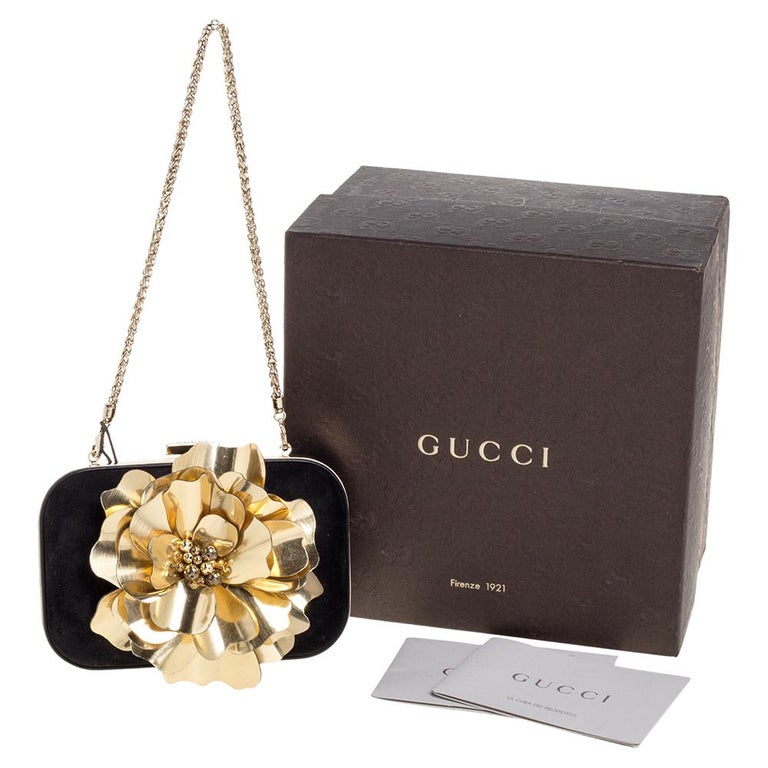 Gucci Black Suede Golden Flower Embellished Broadway Clutch For Sale 7