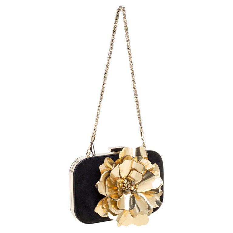 Beige Gucci Black Suede Golden Flower Embellished Broadway Clutch For Sale
