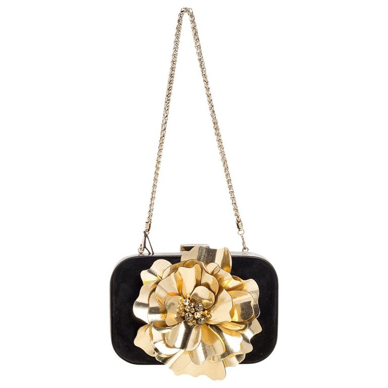 Gucci Black Suede Golden Flower Embellished Broadway Clutch For Sale