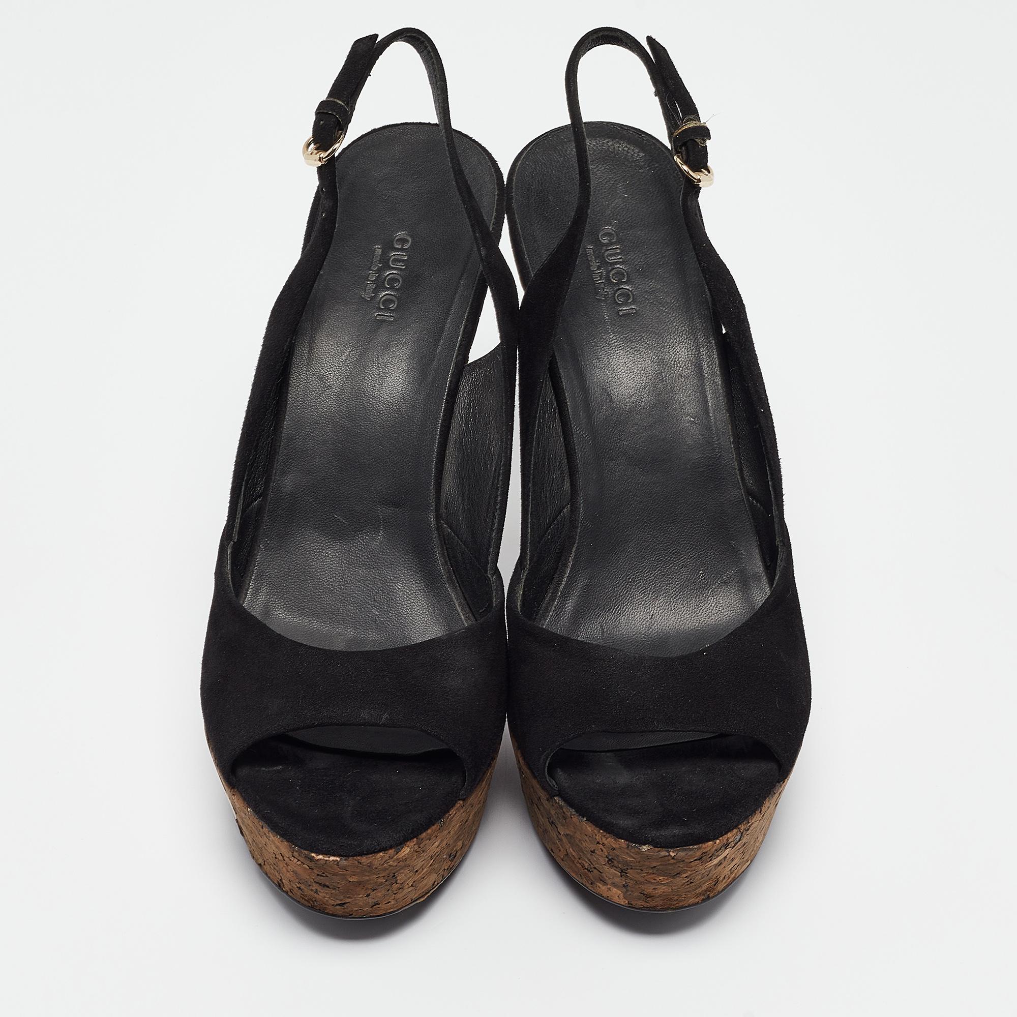 Gucci Black Suede Grease Cork Platform Peep Toe Slingback Sandals Size 39.5 In Good Condition In Dubai, Al Qouz 2