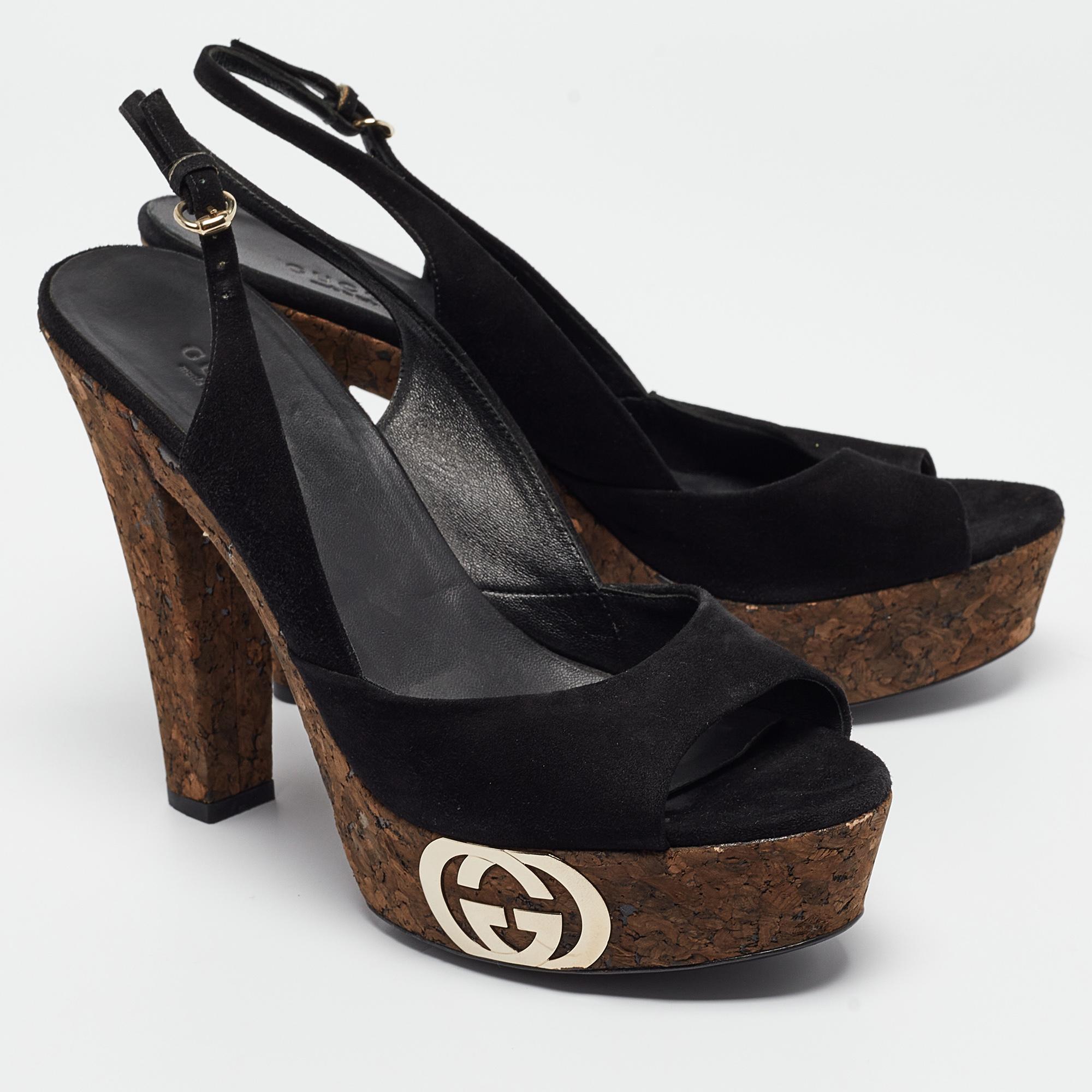 Women's Gucci Black Suede Grease Cork Platform Peep Toe Slingback Sandals Size 39.5