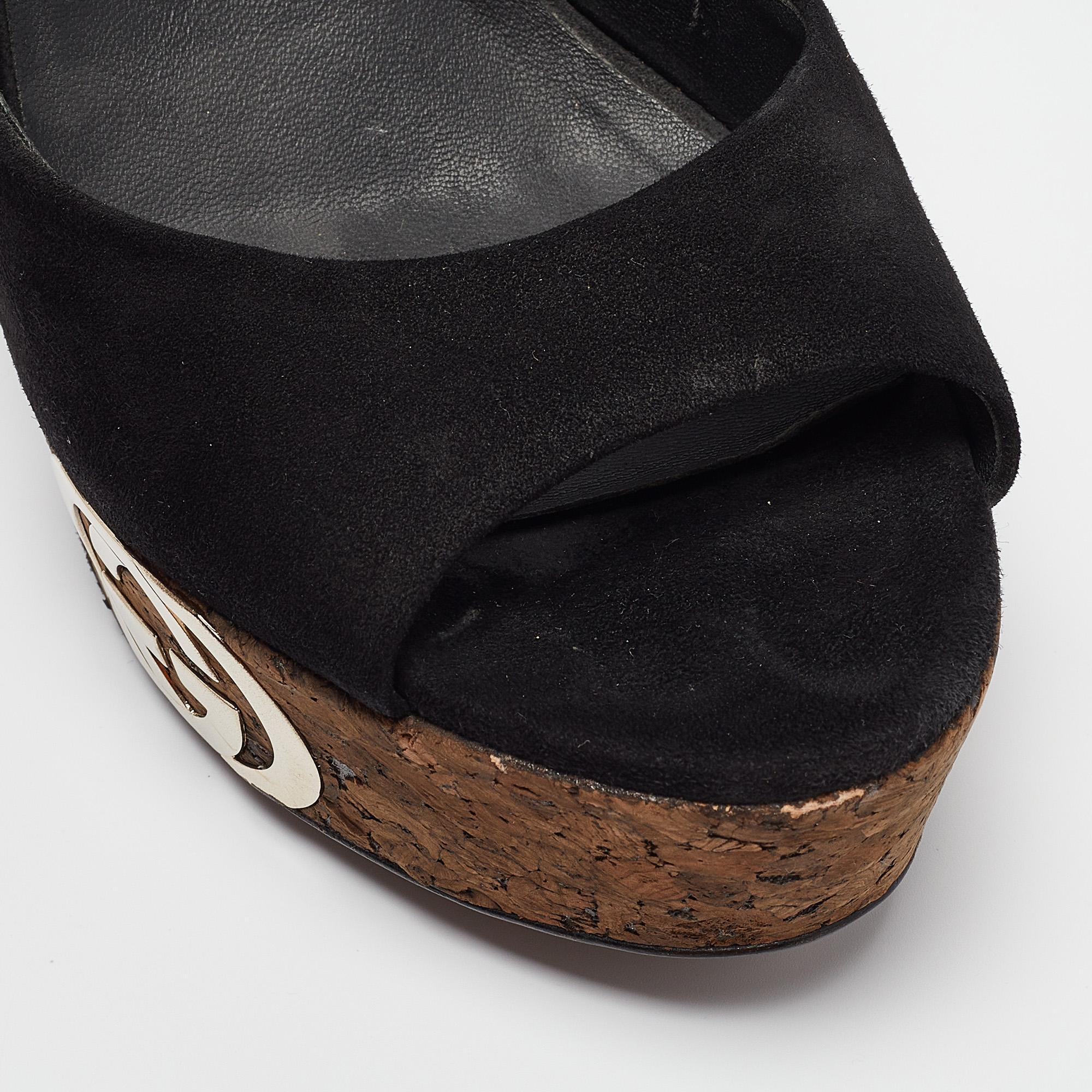 Gucci Black Suede Grease Cork Platform Peep Toe Slingback Sandals Size 39.5 3