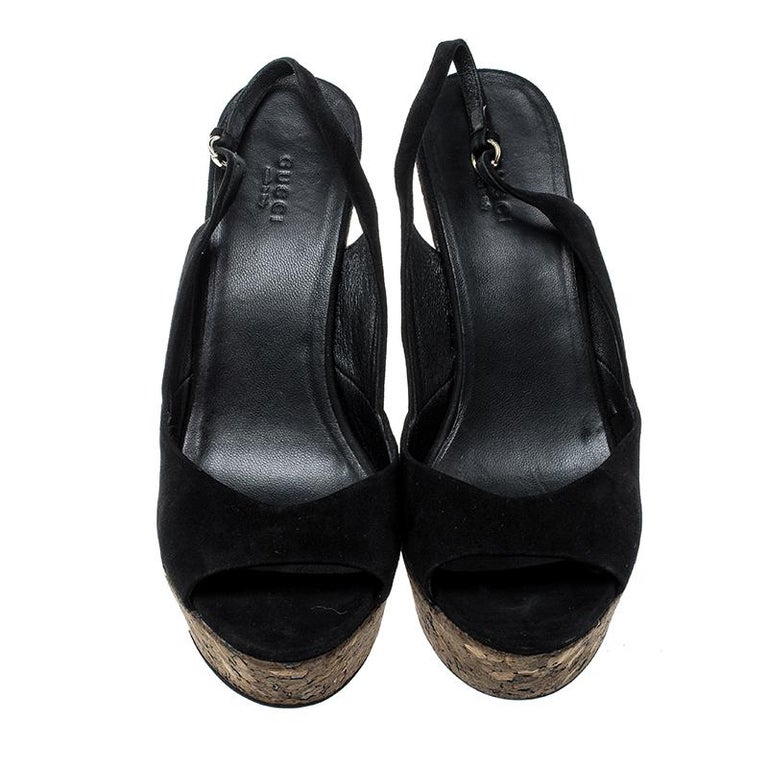 Gucci Black Suede Grease Cork Platform Peep Toe Slingback Sandals Size ...