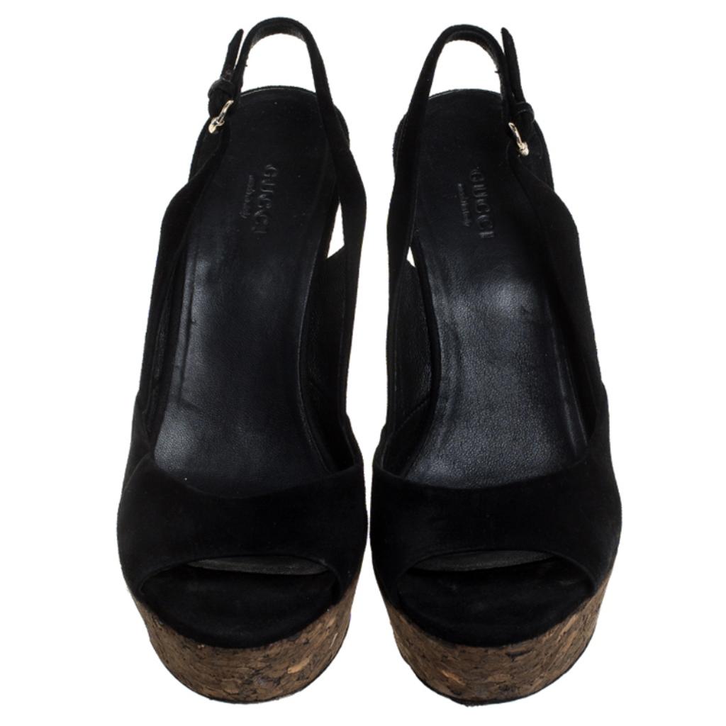 Add tons of style to your look by donning these suede sandals. Gucci is known for classy designs just like this pair. They have cork platforms as well as heels and buckle slingbacks. Amplify your taste in fashion with these gorgeous black