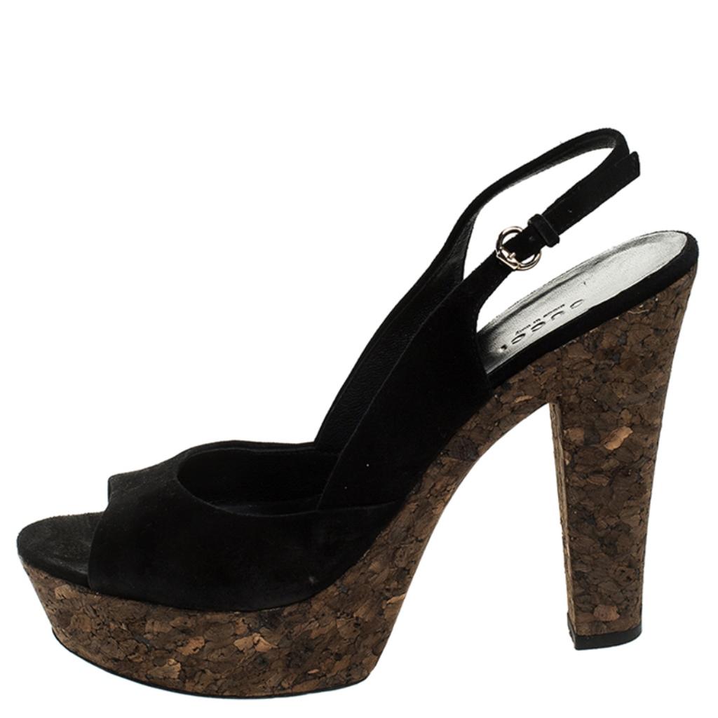 Women's Gucci Black Suede Grease Peep Toe Cork Platform Slingback Sandals Size 38