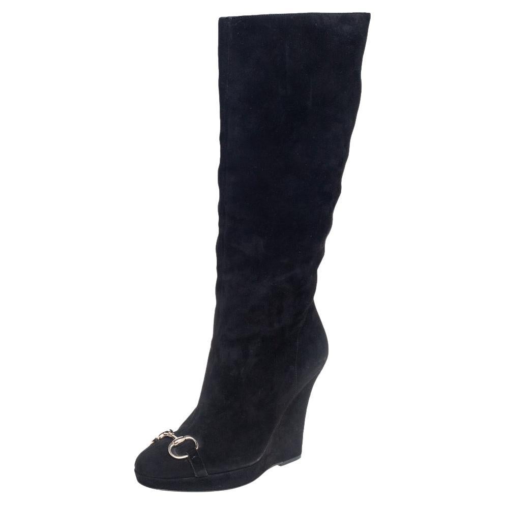 Gucci Black Suede Horse Bit Knee Length Boots Size 39.5