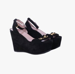 Gucci Black Suede Horsebit Platform Ankle Strap Wedges - '10s
