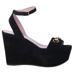 Gucci Black Suede Horsebit Platform Ankle Strap Wedges - '10s