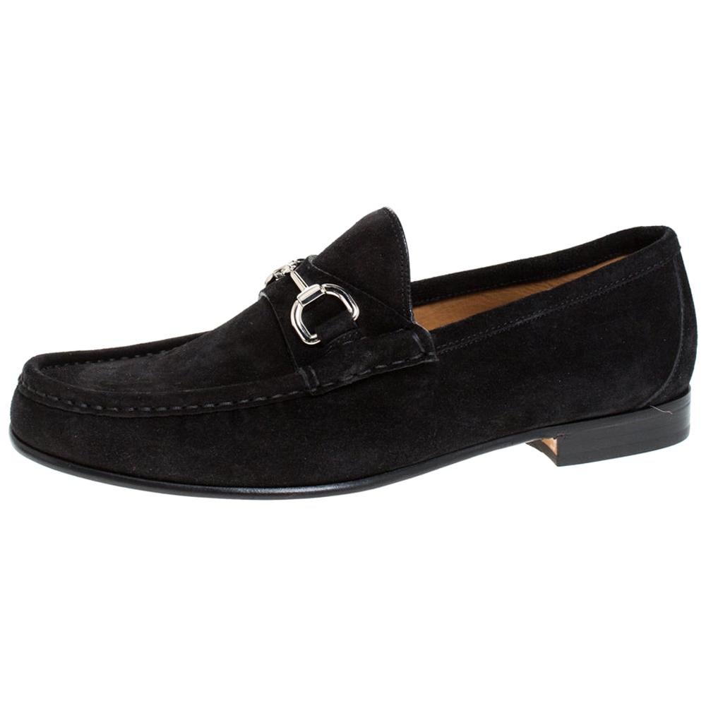 Gucci Black Suede Horsebit Slip On Loafers Size 40 at 1stDibs