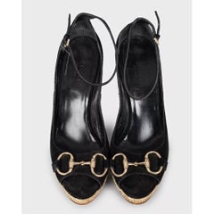 Gucci Black Suede Horsebit Wedge Sandals EU 37.5 with Silver Hardware